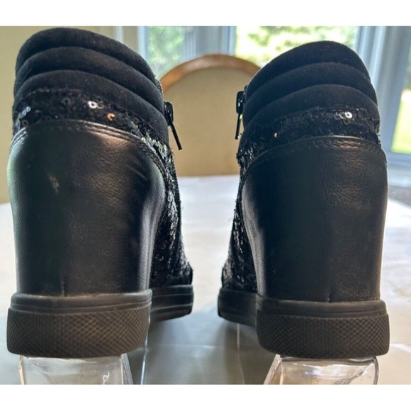 Women's Aldo Kaia Wedge Boot Size 8.5 Black Sequins Zip Side And Tie - Picture 5 of 10